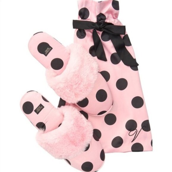 New Victoria's Secret Slippers Small 5 6 Pink Black Dot Satin Faux Fur NWT - Picture 1 of 10